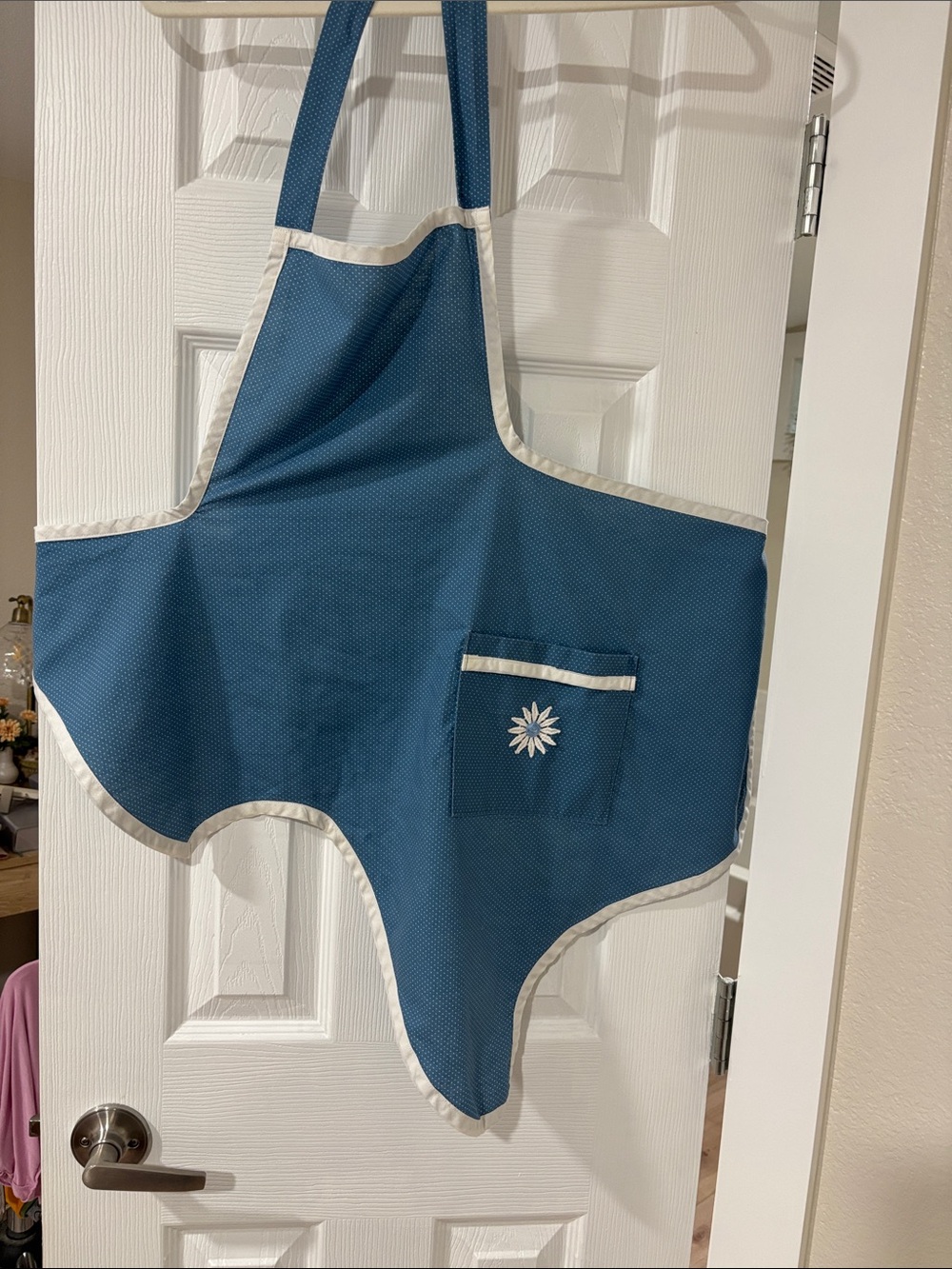 Vintage Texas Blue Canvas Apron with Floral Pocket Accent